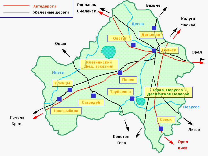 Схема достопримечательностей Брянской области
